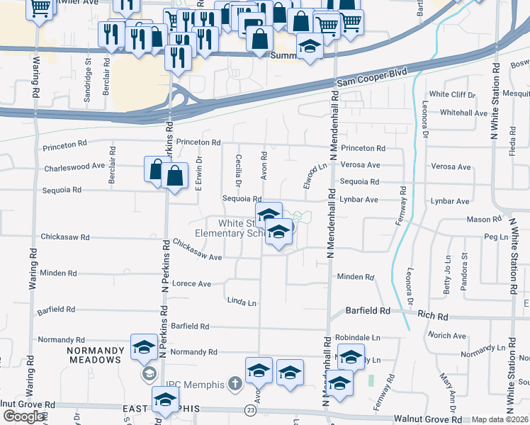 map of restaurants, bars, coffee shops, grocery stores, and more near 349 Avon Road in Memphis