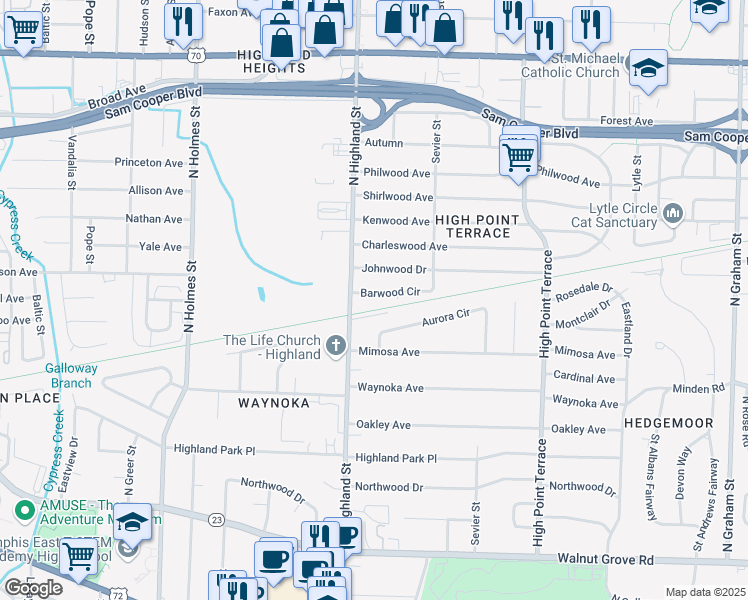 map of restaurants, bars, coffee shops, grocery stores, and more near 312 North Highland Street in Memphis