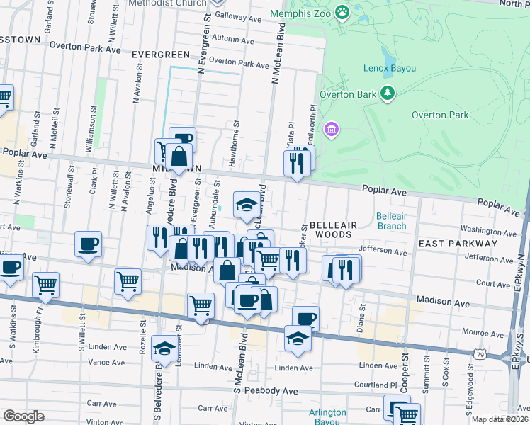 map of restaurants, bars, coffee shops, grocery stores, and more near 115 Barksdale Court in Memphis