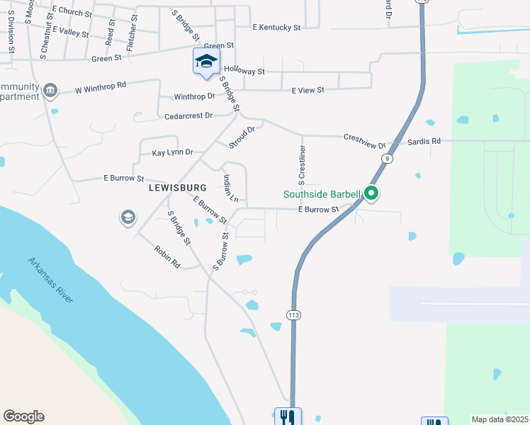 map of restaurants, bars, coffee shops, grocery stores, and more near 900 East Burrow Street in Morrilton