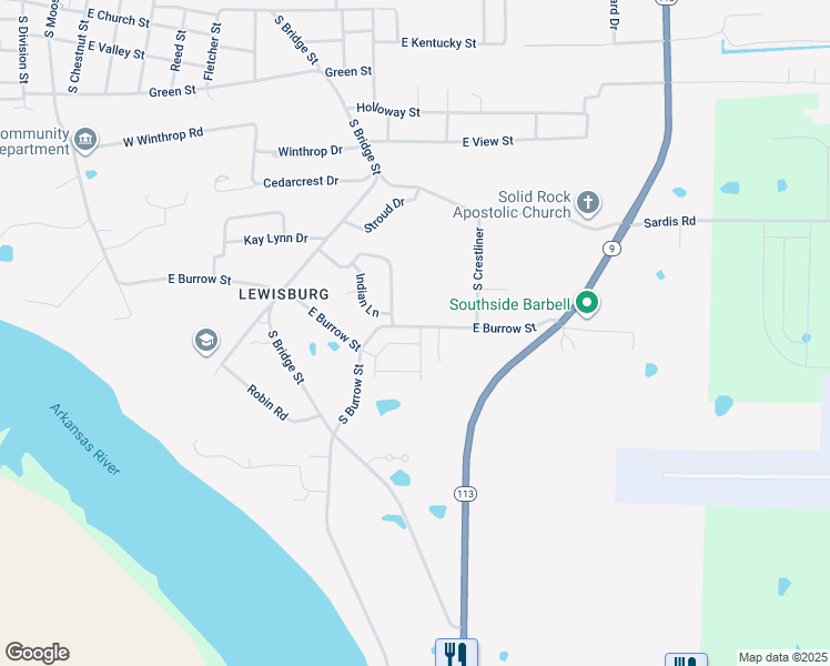 map of restaurants, bars, coffee shops, grocery stores, and more near 900 East Burrow Street in Morrilton