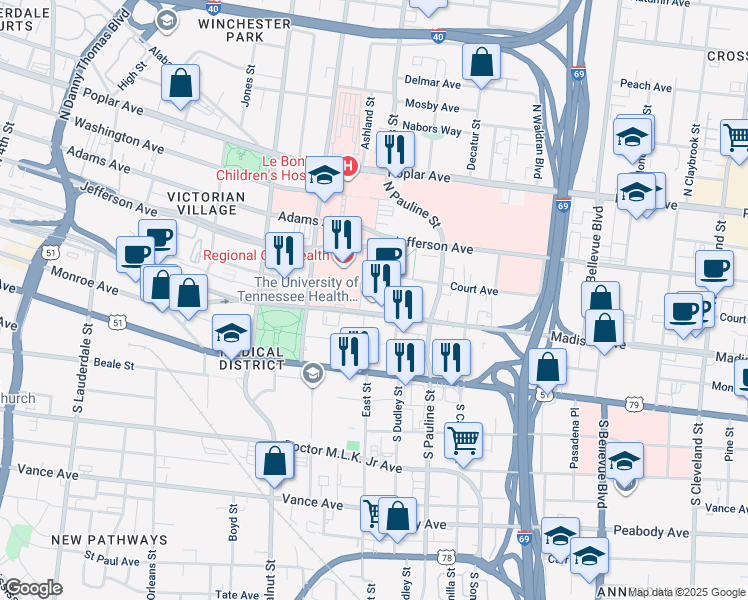 map of restaurants, bars, coffee shops, grocery stores, and more near 920 Madison Avenue in Memphis