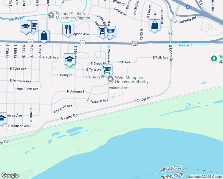 map of restaurants, bars, coffee shops, grocery stores, and more near 2949 Autumn Avenue in West Memphis