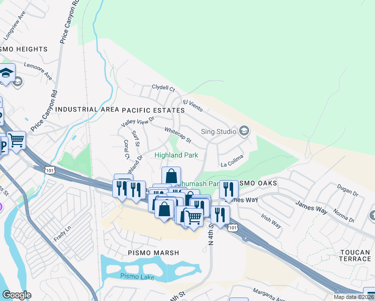 map of restaurants, bars, coffee shops, grocery stores, and more near 76 La Garza in Pismo Beach