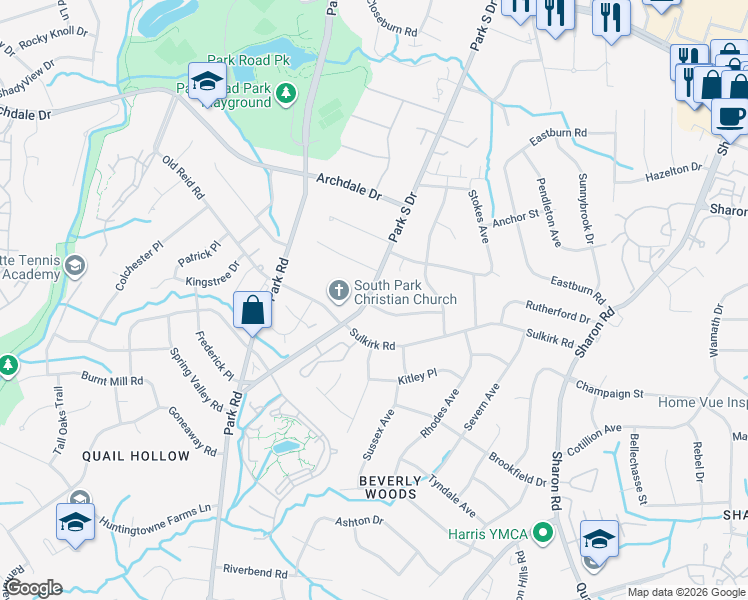 map of restaurants, bars, coffee shops, grocery stores, and more near 3501 Round Oak Road in Charlotte