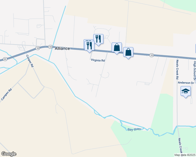 map of restaurants, bars, coffee shops, grocery stores, and more near 250 Cowell Road in Bayboro