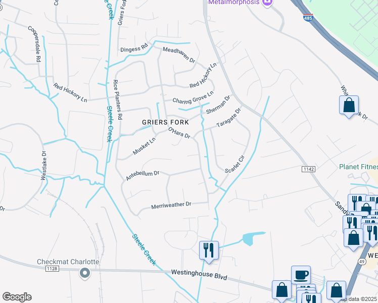 map of restaurants, bars, coffee shops, grocery stores, and more near 12011 Bonnie Blue Lane in Charlotte