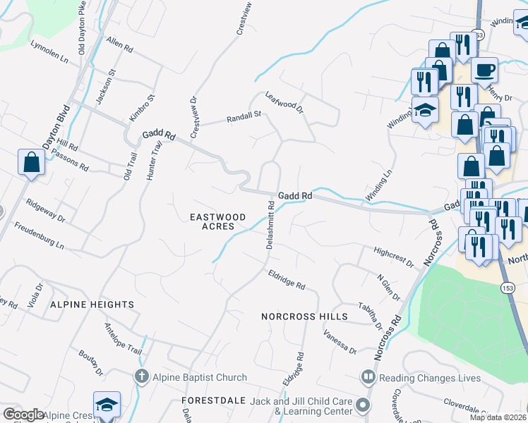 map of restaurants, bars, coffee shops, grocery stores, and more near 5304 Delashmitt Road in Chattanooga