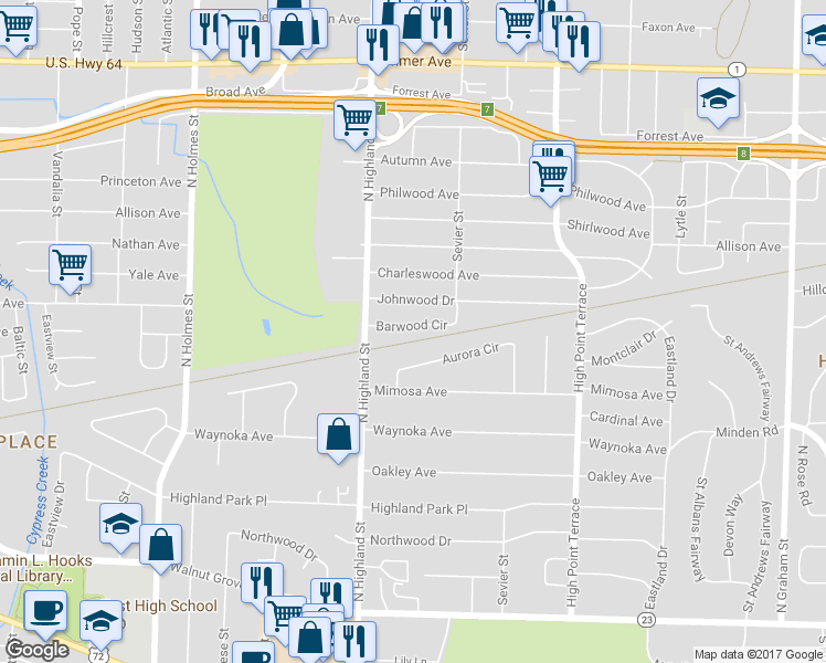map of restaurants, bars, coffee shops, grocery stores, and more near 3549 Barwood Circle in Memphis