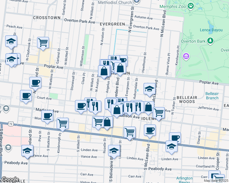 map of restaurants, bars, coffee shops, grocery stores, and more near 94 North Belvedere Boulevard in Memphis