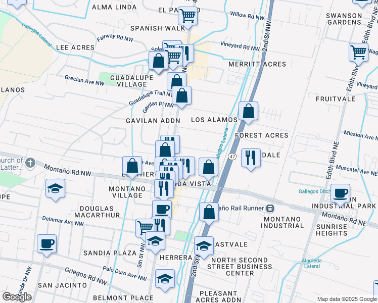 map of restaurants, bars, coffee shops, grocery stores, and more near 306 Sandia Road Northwest in Albuquerque