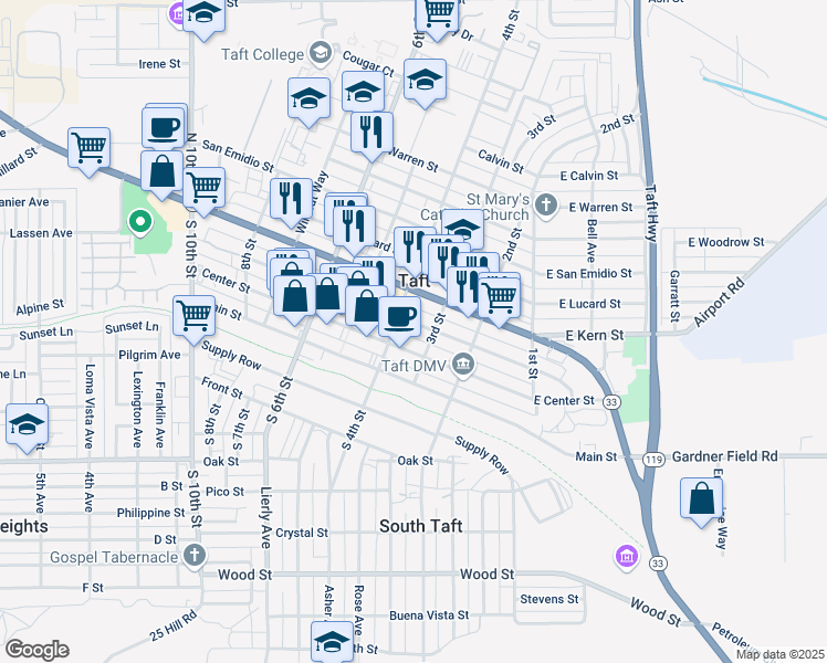map of restaurants, bars, coffee shops, grocery stores, and more near 318 Center Street in Taft