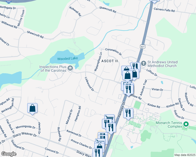 map of restaurants, bars, coffee shops, grocery stores, and more near 5598 Ashgrove Drive in Fayetteville
