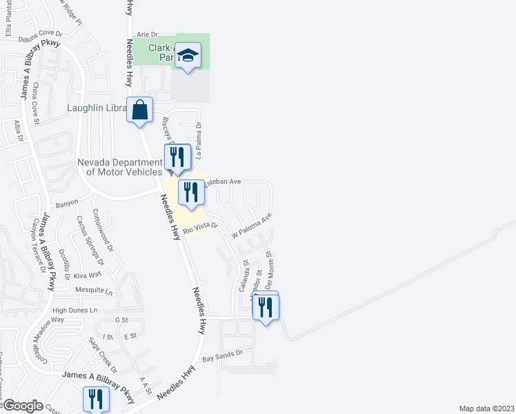 map of restaurants, bars, coffee shops, grocery stores, and more near 3049 South Leandro Court in Laughlin