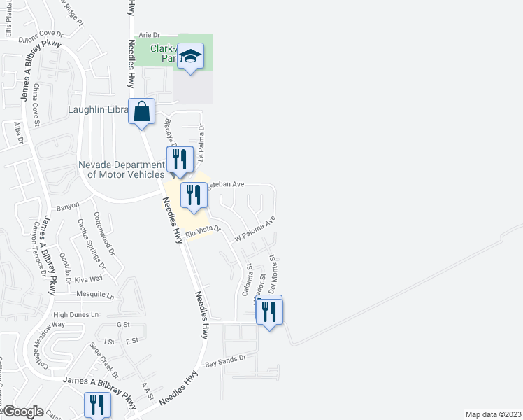 map of restaurants, bars, coffee shops, grocery stores, and more near 3061 South Leandro Court in Laughlin