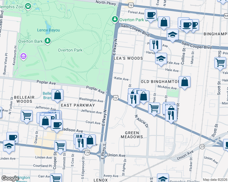 map of restaurants, bars, coffee shops, grocery stores, and more near 200 East Parkway North in Memphis