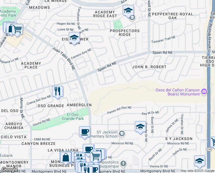map of restaurants, bars, coffee shops, grocery stores, and more near 11208 Overlook Drive Northeast in Albuquerque