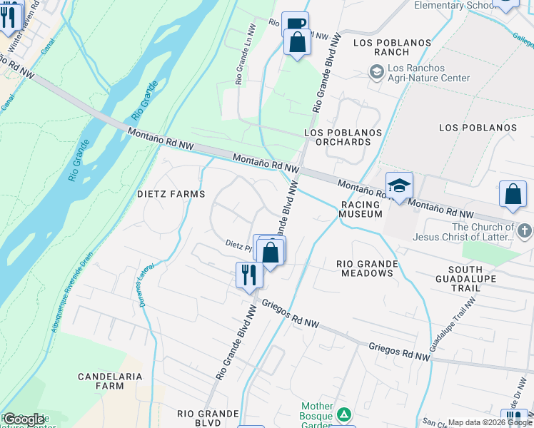 map of restaurants, bars, coffee shops, grocery stores, and more near 4131 Rio Grande Boulevard Northwest in Albuquerque