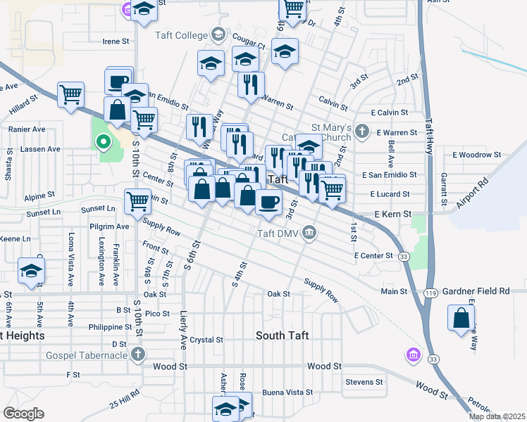 map of restaurants, bars, coffee shops, grocery stores, and more near 318 Center Street in Taft