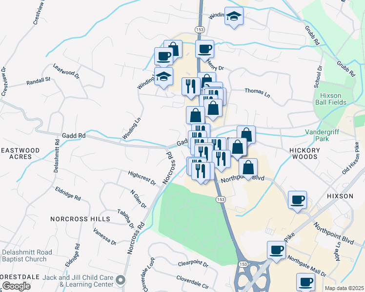 map of restaurants, bars, coffee shops, grocery stores, and more near 4717 Metro Park Lane in Chattanooga