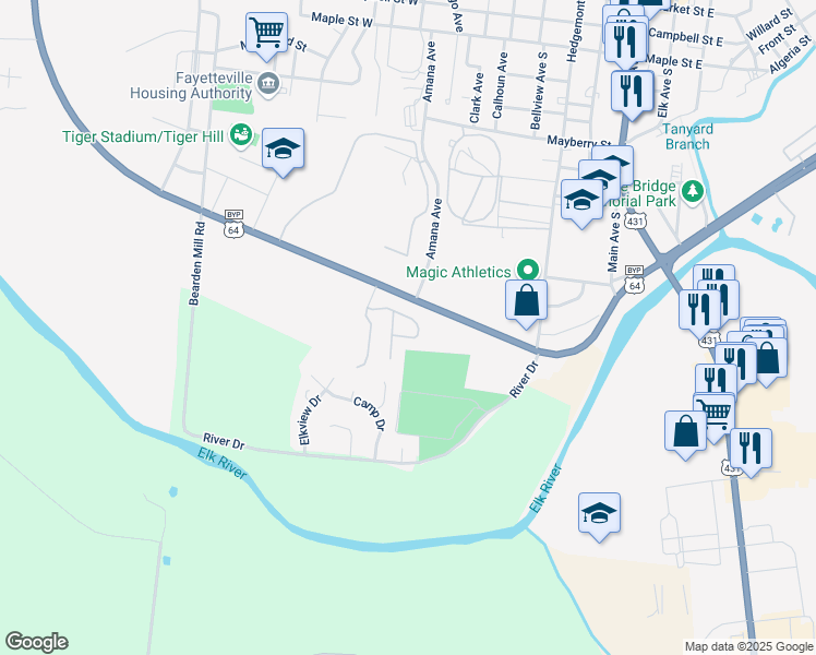 map of restaurants, bars, coffee shops, grocery stores, and more near 1819 Wilson Parkway in Fayetteville