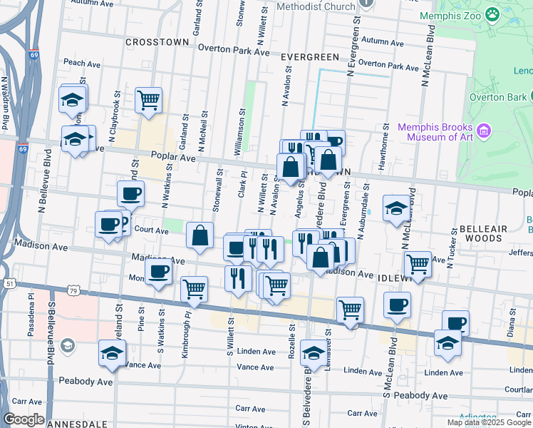 map of restaurants, bars, coffee shops, grocery stores, and more near 88 North Willett Street in Memphis