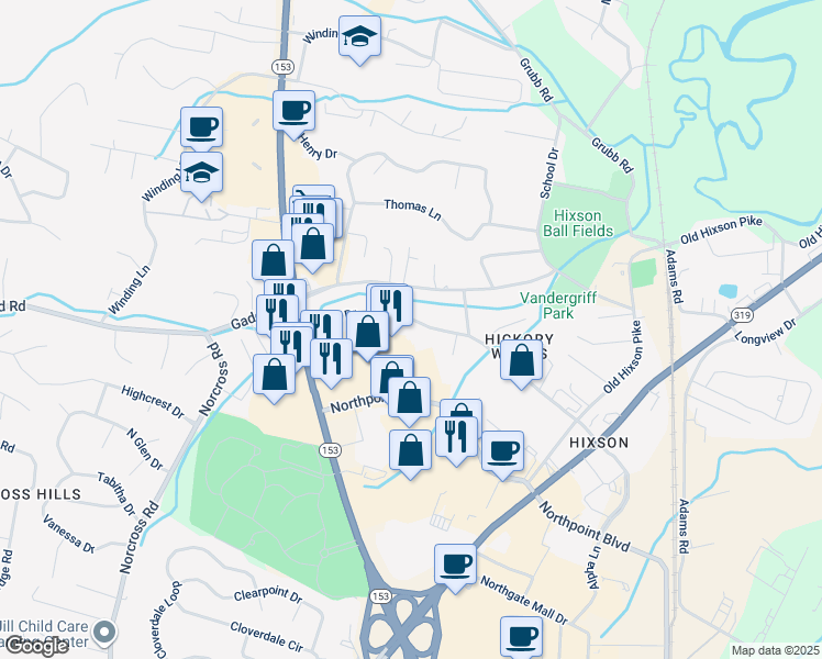 map of restaurants, bars, coffee shops, grocery stores, and more near 1226 Helena Drive in Chattanooga