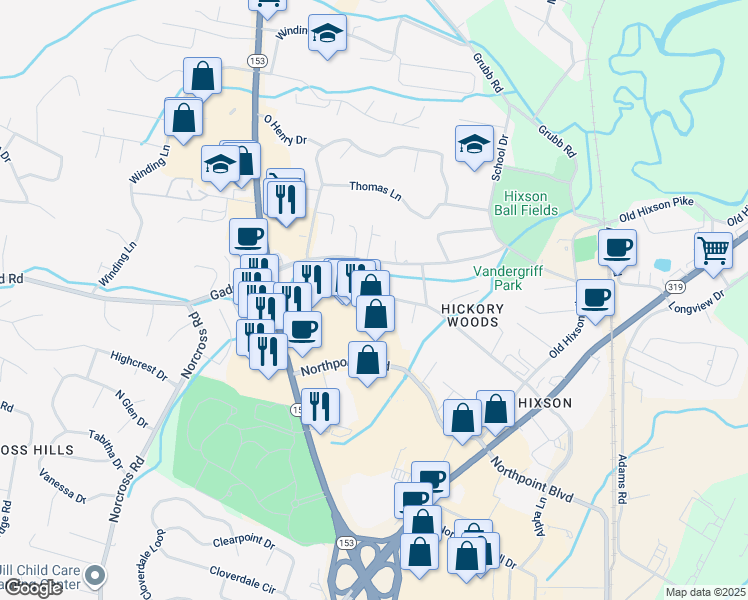 map of restaurants, bars, coffee shops, grocery stores, and more near 1226 Helena Drive in Chattanooga