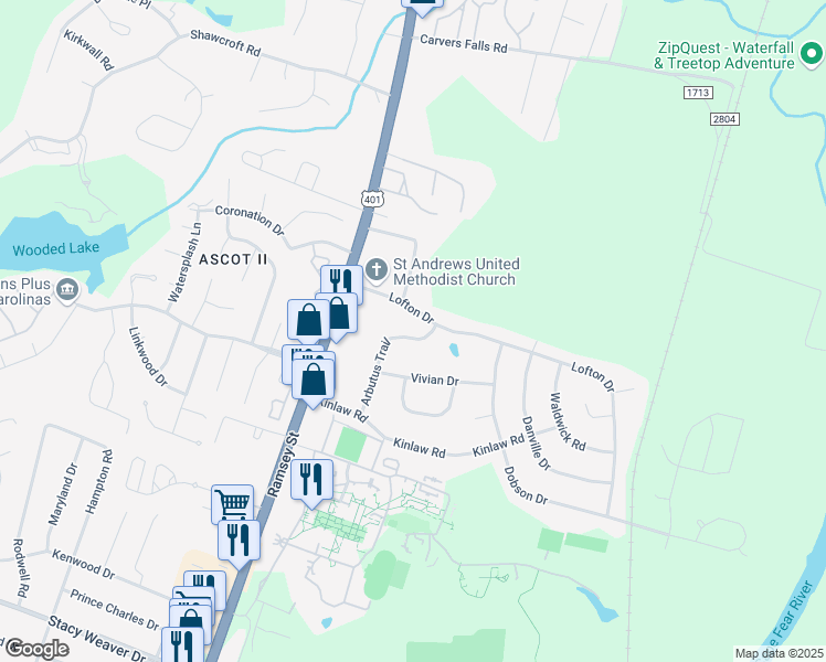map of restaurants, bars, coffee shops, grocery stores, and more near 5831 Arbutus Trail in Fayetteville