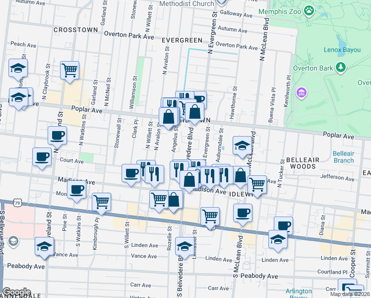 map of restaurants, bars, coffee shops, grocery stores, and more near 94 North Belvedere Boulevard in Memphis