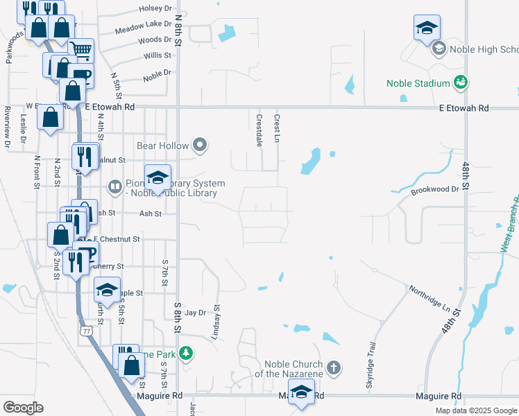 map of restaurants, bars, coffee shops, grocery stores, and more near 301 North 8th Street in Noble