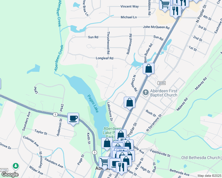 map of restaurants, bars, coffee shops, grocery stores, and more near 110 Fowler Place in Aberdeen