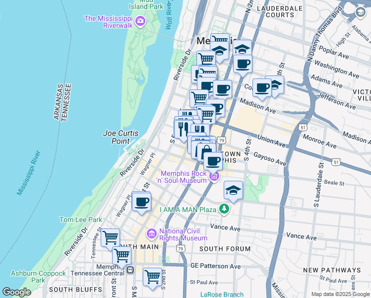 map of restaurants, bars, coffee shops, grocery stores, and more near 50 Peabody Place in Memphis