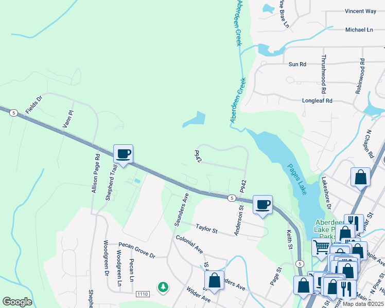 map of restaurants, bars, coffee shops, grocery stores, and more near North Carolina 5 in Aberdeen
