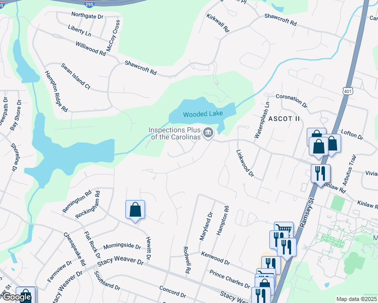 map of restaurants, bars, coffee shops, grocery stores, and more near 3243 Nottinghill Road in Fayetteville