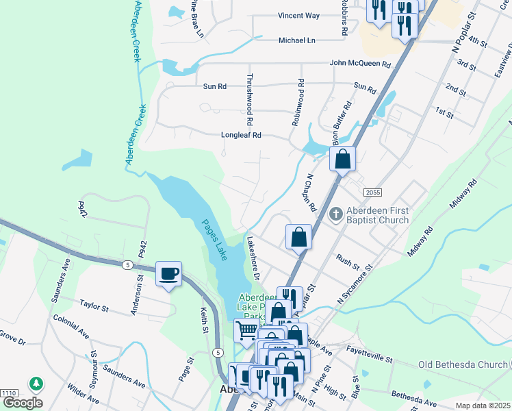 map of restaurants, bars, coffee shops, grocery stores, and more near 110 Fowler Place in Aberdeen