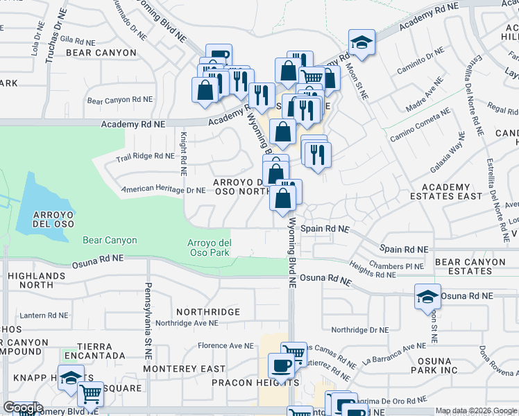map of restaurants, bars, coffee shops, grocery stores, and more near 5326 Heritage Way Northeast in Albuquerque