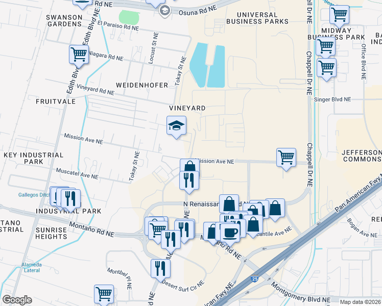 map of restaurants, bars, coffee shops, grocery stores, and more near 6000 Alexander Boulevard Northeast in Albuquerque