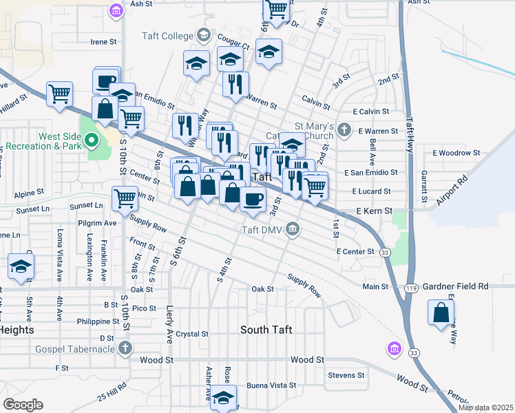 map of restaurants, bars, coffee shops, grocery stores, and more near 323 North Street in Taft