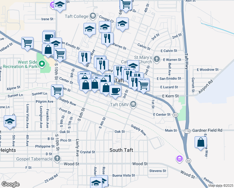 map of restaurants, bars, coffee shops, grocery stores, and more near 323 North Street in Taft