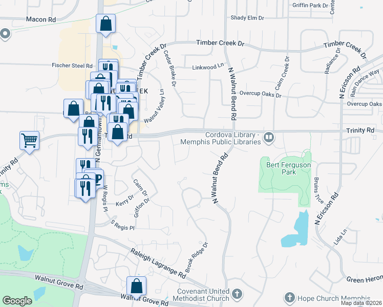 map of restaurants, bars, coffee shops, grocery stores, and more near 8294 Cedar Trail Cove in Memphis