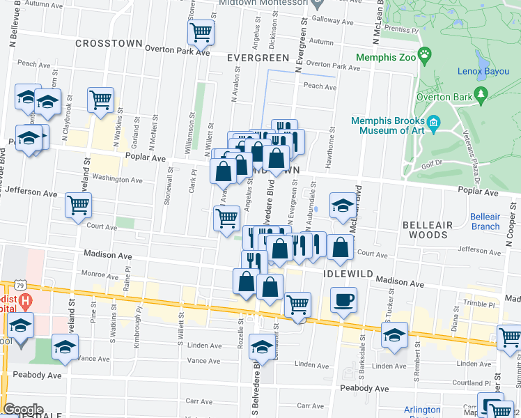 map of restaurants, bars, coffee shops, grocery stores, and more near 109 North Belvedere Boulevard in Memphis