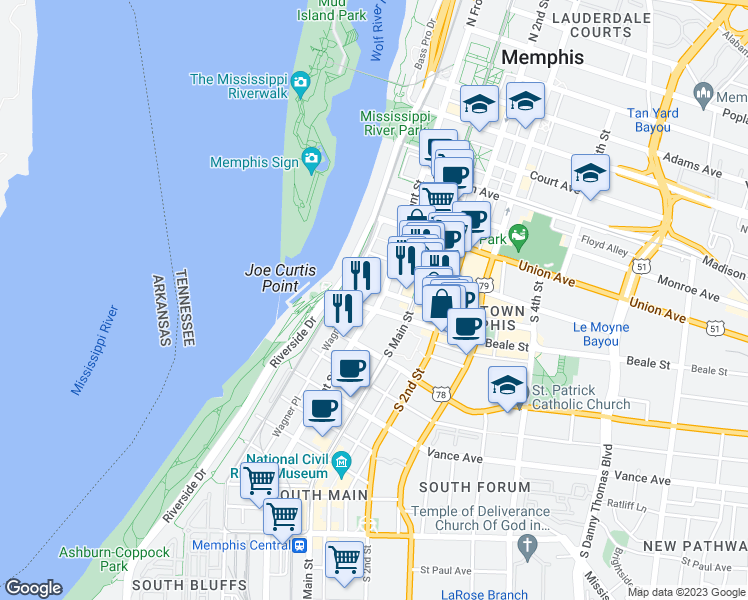 map of restaurants, bars, coffee shops, grocery stores, and more near 51 Peabody Place in Memphis