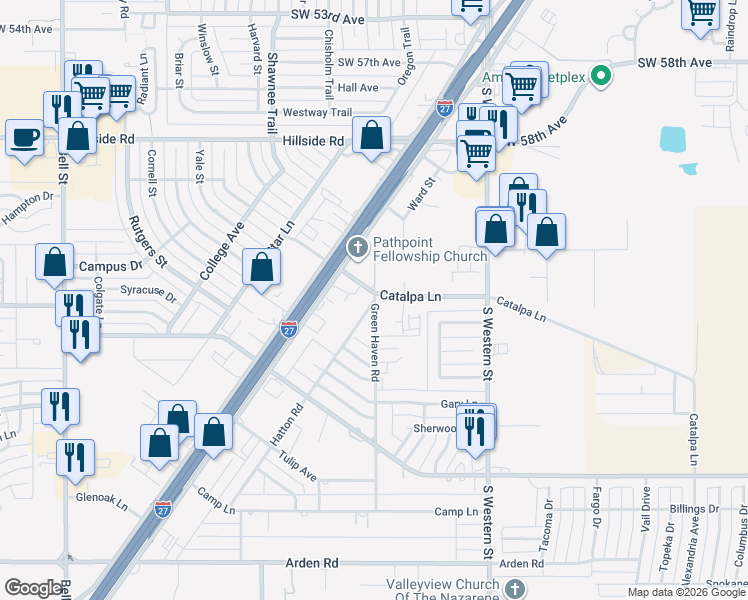 map of restaurants, bars, coffee shops, grocery stores, and more near 6701 Hatton Road in Amarillo