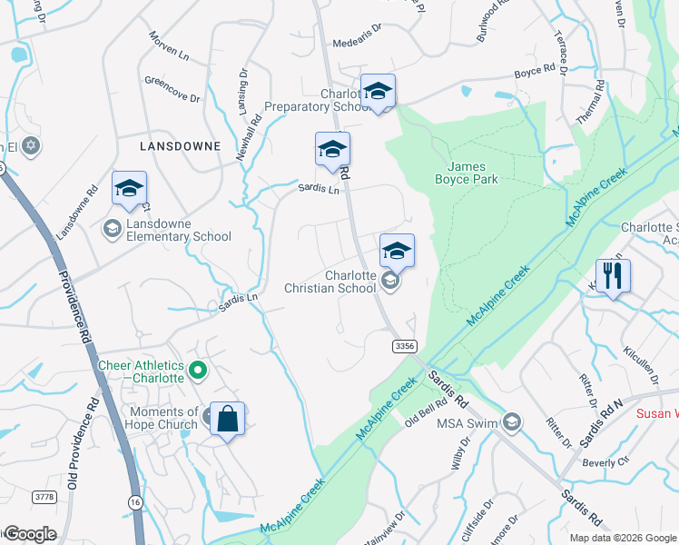 map of restaurants, bars, coffee shops, grocery stores, and more near 7310 Sardis Road in Charlotte