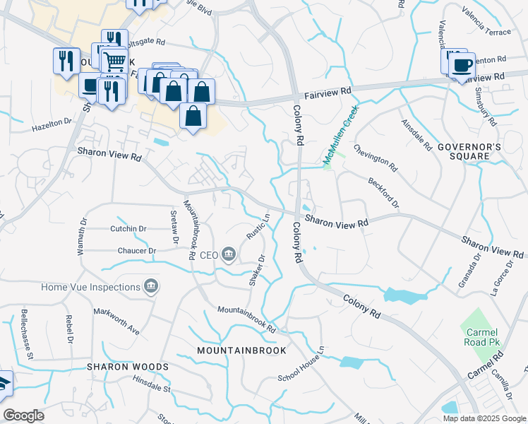 map of restaurants, bars, coffee shops, grocery stores, and more near 2943 Shaker Drive in Charlotte
