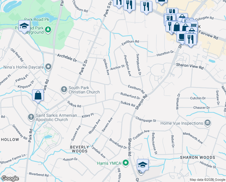 map of restaurants, bars, coffee shops, grocery stores, and more near 4020 Rutherford Drive in Charlotte