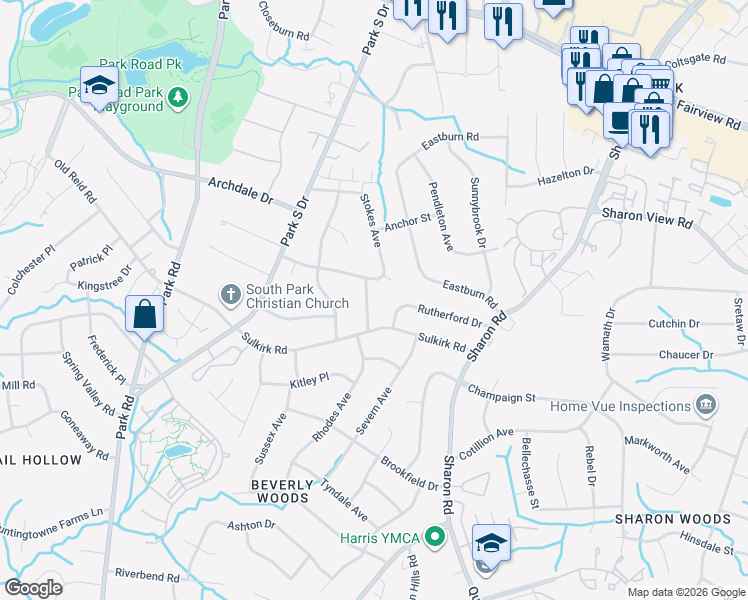 map of restaurants, bars, coffee shops, grocery stores, and more near 3621 Sulstone Lane in Charlotte