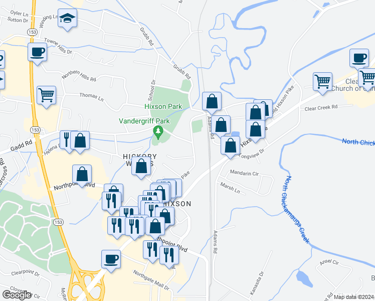 map of restaurants, bars, coffee shops, grocery stores, and more near 5009 Gooden Lane in Chattanooga