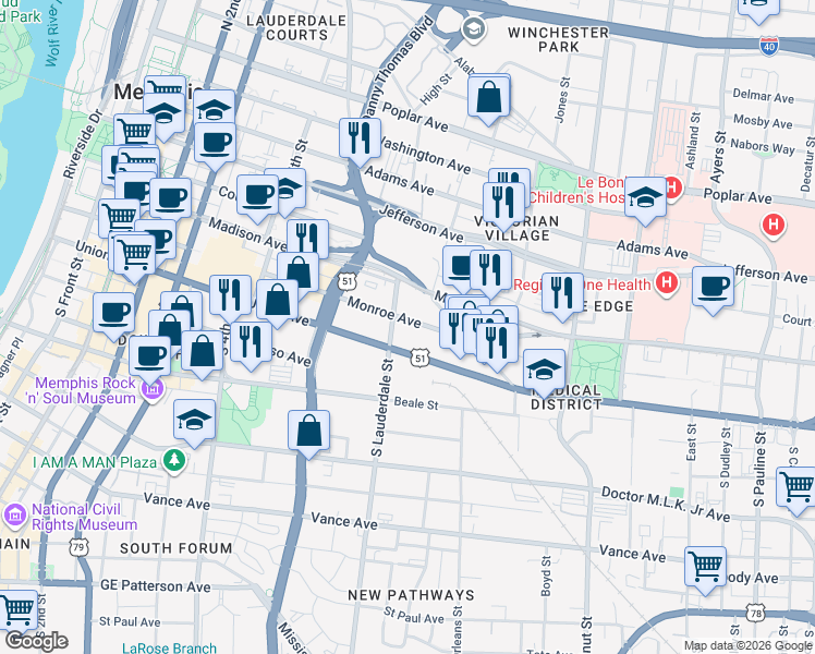 map of restaurants, bars, coffee shops, grocery stores, and more near 450 Union Avenue in Memphis